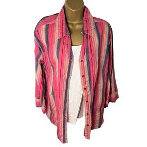 Vintage Y2K Company One Striped Button Down Shirt Textured Slub Cotton Pink 2X